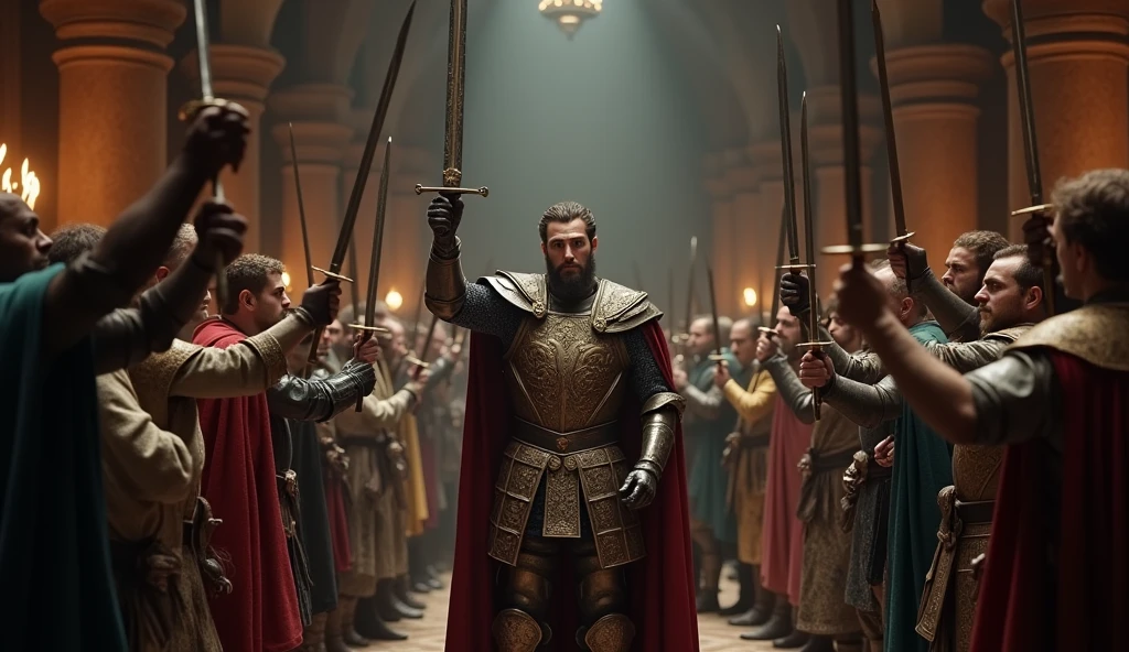 In a dimly lit, grand medieval hall, Edward III stands at the center, his face stern with resolve, surrounded by his closest advisors and nobles. The air is thick with the weight of the moment as they prepare to declare war. Edward, dressed in ornate royal armor, raises his sword high, its polished blade gleaming in the flickering torchlight. His eyes are fixed ahead, embodying determination and authority. Around him, his loyal nobles mirror the gesture, their swords also lifted, catching the same light, casting sharp reflections on the stone walls. The atmosphere is charged with a dark intensity, the shadows in the hall deepened by the firelight, emphasizing the gravity of their decision. The expressions on their faces range from grim determination to fierce loyalty, each man understanding the magnitude of the conflict they are about to embark upon. The hall itself, with its towering arches and tapestries, adds to the sense of history in the making. This scene captures the charged mo, Surrealism, Hyperrealism, UHD, retina, masterpiece, accurate, anatomically correct, textured skin, super detail, 16k