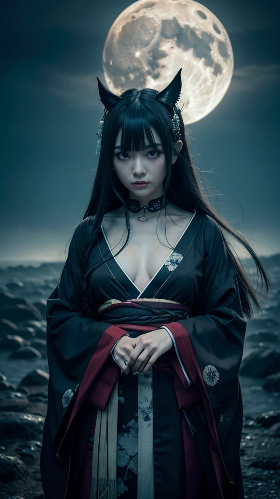 **Prompt:** Create an ultra-realistic 8K resolution image of Tsukuyomi, the Japanese moon god from Shinto mythology, reimagined as an ultimate horror figure while retaining the deity's iconic features. Tsukuyomi is depicted with long, flowing silver hair that seems almost spectral, cascading down in disheveled strands that move as if alive. Her eyes, once serene, now glow with an eerie, piercing light, reflecting the cold, haunting light of the moon. Her expression is no longer gentle but twisted with a mix of sorrow and malevolence, as if the weight of centuries of darkness and loneliness has corrupted her spirit.
She wears a tattered, ancient kimono, the once-beautiful fabric now frayed and stained with dark, ominous patterns resembling bloodstains and shadows. The kimono's edges flicker like dying embers, as if consumed by an otherworldly fire. Her hands, skeletal and clawed, grasp a staff adorned with a crescent moon that glows with a sickly, unnatural light.
The background is a desolate, moonlit landscape, with twisted, leafless trees and a sky filled with swirling, ominous clouds. The full moon hangs low, casting an unsettling, cold light over the scene, which is filled with shadows that seem to move and whisper in the darkness. The atmosphere is one of dread and terror, as Tsukuyomi's transformation into a nightmarish horror figure embodies the terrifying beauty of the moon's darker side.