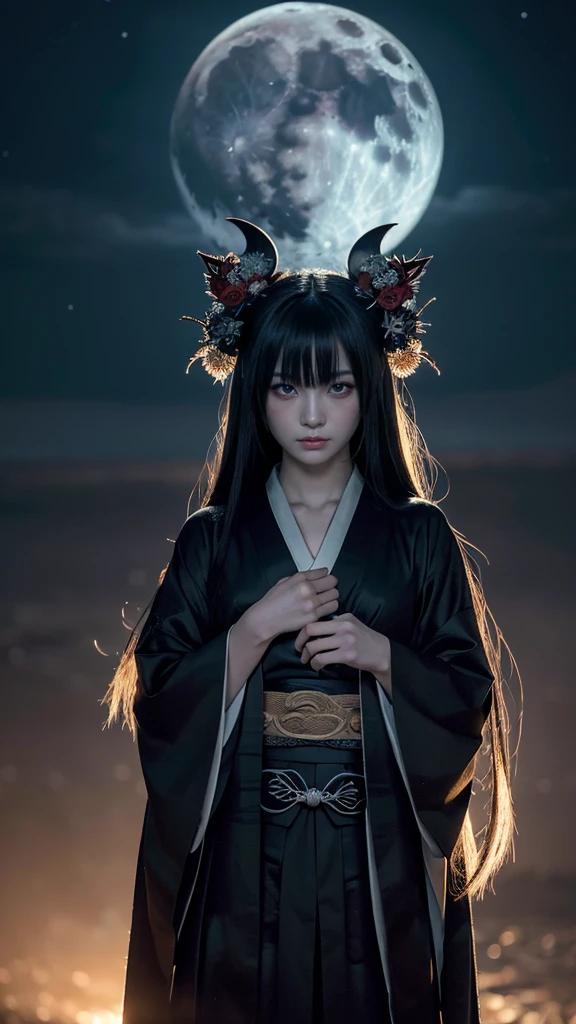 **Prompt:** Create an ultra-realistic 8K resolution image of Tsukuyomi, the Japanese moon god from Shinto mythology, reimagined as an ultimate horror figure while retaining the deity's iconic features. Tsukuyomi is depicted with long, flowing silver hair that seems almost spectral, cascading down in disheveled strands that move as if alive. Her eyes, once serene, now glow with an eerie, piercing light, reflecting the cold, haunting light of the moon. Her expression is no longer gentle but twisted with a mix of sorrow and malevolence, as if the weight of centuries of darkness and loneliness has corrupted her spirit.
She wears a tattered, ancient kimono, the once-beautiful fabric now frayed and stained with dark, ominous patterns resembling bloodstains and shadows. The kimono's edges flicker like dying embers, as if consumed by an otherworldly fire. Her hands, skeletal and clawed, grasp a staff adorned with a crescent moon that glows with a sickly, unnatural light.
The background is a desolate, moonlit landscape, with twisted, leafless trees and a sky filled with swirling, ominous clouds. The full moon hangs low, casting an unsettling, cold light over the scene, which is filled with shadows that seem to move and whisper in the darkness. The atmosphere is one of dread and terror, as Tsukuyomi's transformation into a nightmarish horror figure embodies the terrifying beauty of the moon's darker side.