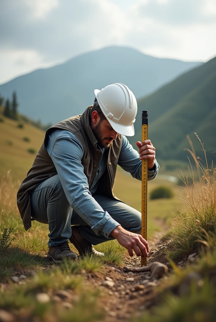 topography alignment, where you see a civil engineer in the field with a tape measure in his hand and a white helmet