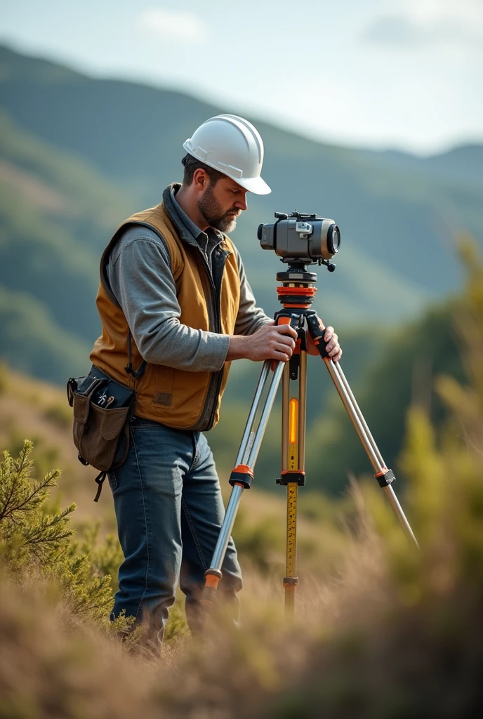 topography alignment, where you see a civil engineer in the field with a tape measure in his hand and a white helmet