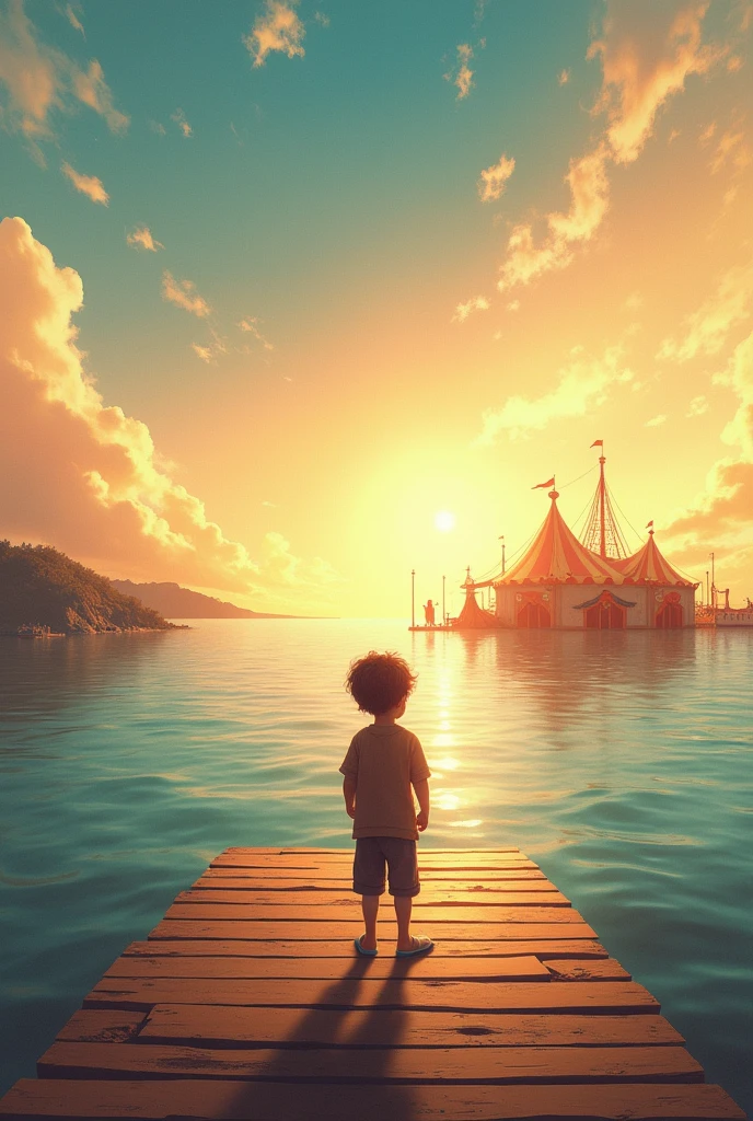 Draw a child watching the pier and a circus approaching in the distance
