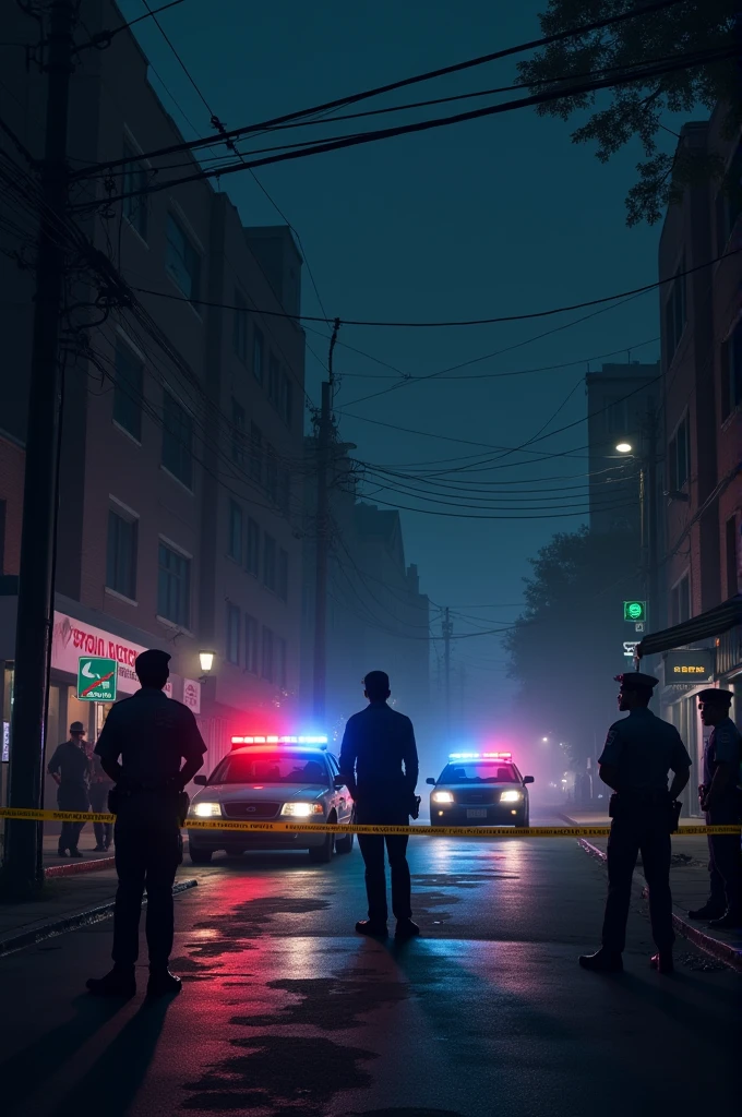A nighttime urban street cordoned off by yellow police tape, with patrol cars parked nearby, their lights flashing red and blue. Uniformed officers stand guard, ensuring no one enters the scene. The area is dimly lit, with the silhouette of buildings in the background.