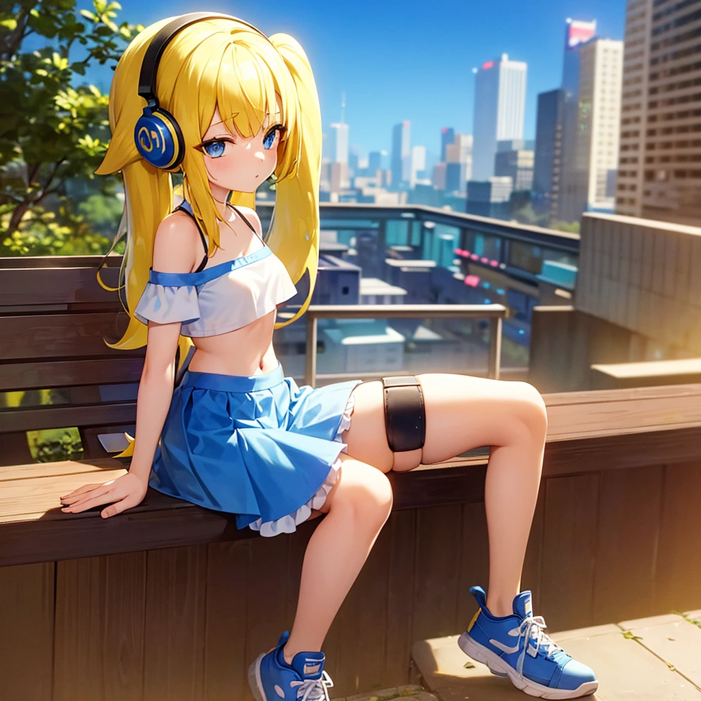 best quality, masterpiece, 1 girl, yellow hair, Blue eyes, splatoon, Highly transparent picture, medium breasts, short, blue headphones, white frilled crop tops, off shoulder, bare shoulder, blue short skirt, mini skirt, long hair, full body, sitting, bench, looking down, side view, yellow ink, night, city, delicate、、outside, Thick legs、navel, short sleeve, blue sneaker,