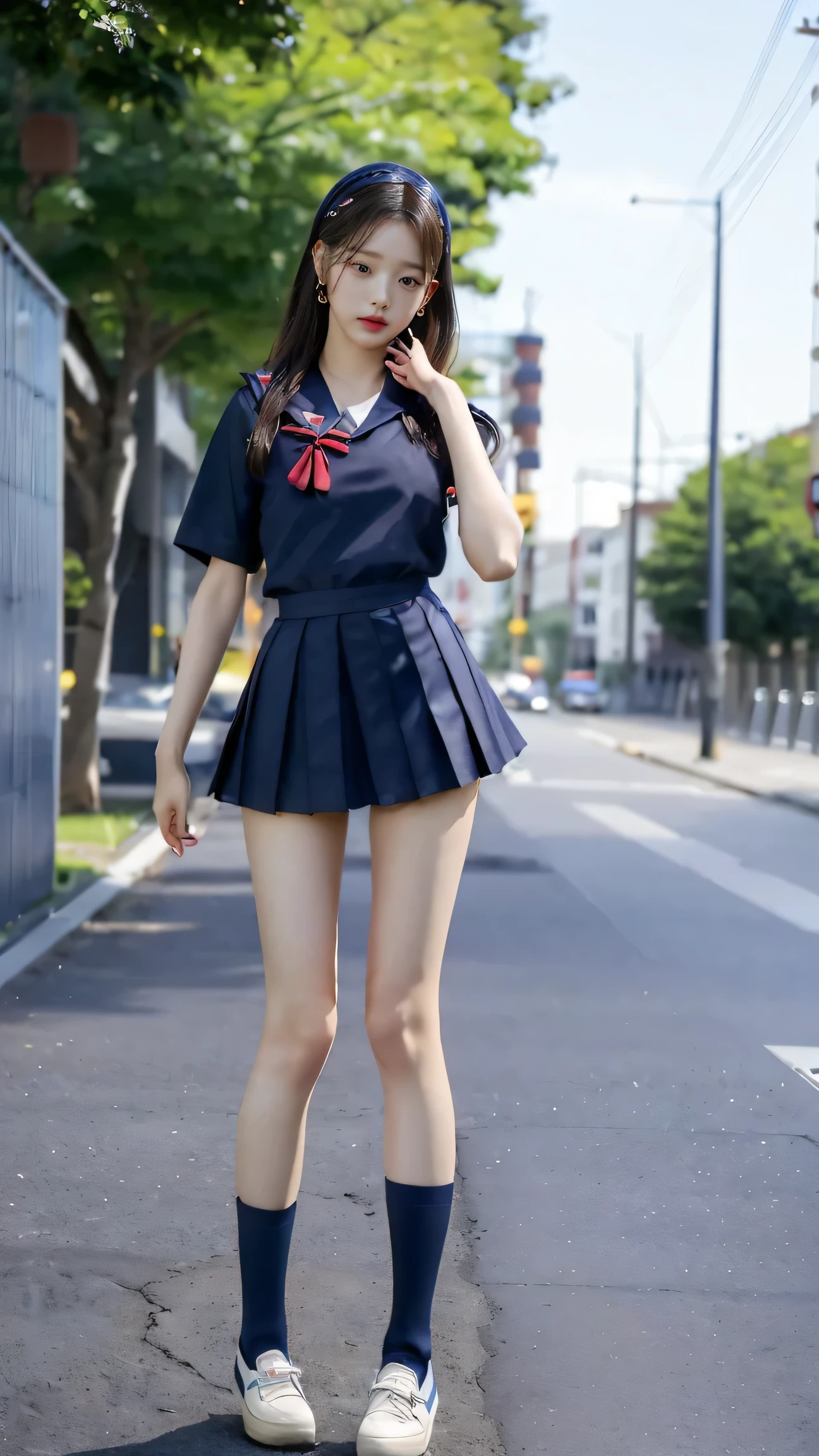 absurdes, RAW Photos, Very delicate and beautiful, masterpiece, Highest quality, Ultra-high resolution, 16K, hyperRealistic, Realistic, (((whole bodyショット:1.8)))，((Japanese high school girls in school uniforms:1.6)),((The background is a very stylish modern city)), ((It is a beautiful sidewalk that is ultra-modern and clean.)),((Checkered high school uniform and mini skirt:1.4)),((High school uniform summer short-sleeved white shirt:1.4)), ((Wear a red bow tie:1.5)),(((((Wear navy blue, very short ankle socks:1.8))))),((Wear black loafers:1.6))，(((Clothing that exposes a lot of bare skin:1.6)))，((Bare skin on feet:1.8))， ((Stand Upright:1.3)),((((Stand with your feet together:1.5)))),(Stand up straight:1.3),(Turn the whole body towards me),((((She looks just like Wonyoung from the Korean idol group IVE..:1.9))))，((Bare skin on thighs:1.8))，((Bare skin on lower legs:1.8))，(((whole bodyショット:1.8)))，(whole body :1.8),photoRealistic, photo-Realistic, Very detailed, Perfect Anatomy, Very detailed肌, Perfect figure, Very detailed CG 8k wallpaper, Erect nipples, perfect nipples, Perfect breasts, Perfect hands, Perfect Fingers,  Fair skin, Medium chest, blush, the wind is strong,Long legs，Thin legs， sexy legs,Sunny daytime,9 heads and body beauty, Fluffy hair, bangs,Green roadside trees can be seen in the background., (2 people :1.5), Small Ass，long and thin arms，Long legs, Mid-chest, Beautiful Hair,Hands down,Tight waist， friend,  smile, Happy,Medium chest,  Laughter,Black Hair, Tight waist，((Height 173cm:1.3))，Slim model body shape，(slim and muscular athletic build:1.3)，(slim but muscular legs)，(Thin thighs)，(Long thighs)，1 person,Long legs，((((Anatomically correct:1.4))))