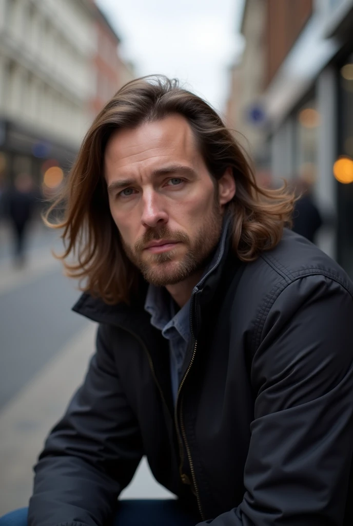 8k, high-quality, photograph, man (british, age 41, long brown hair: 1.2, short stubble: 1.3, wearing dark jacket) sitting on a London street, thoughtful expression, urban background