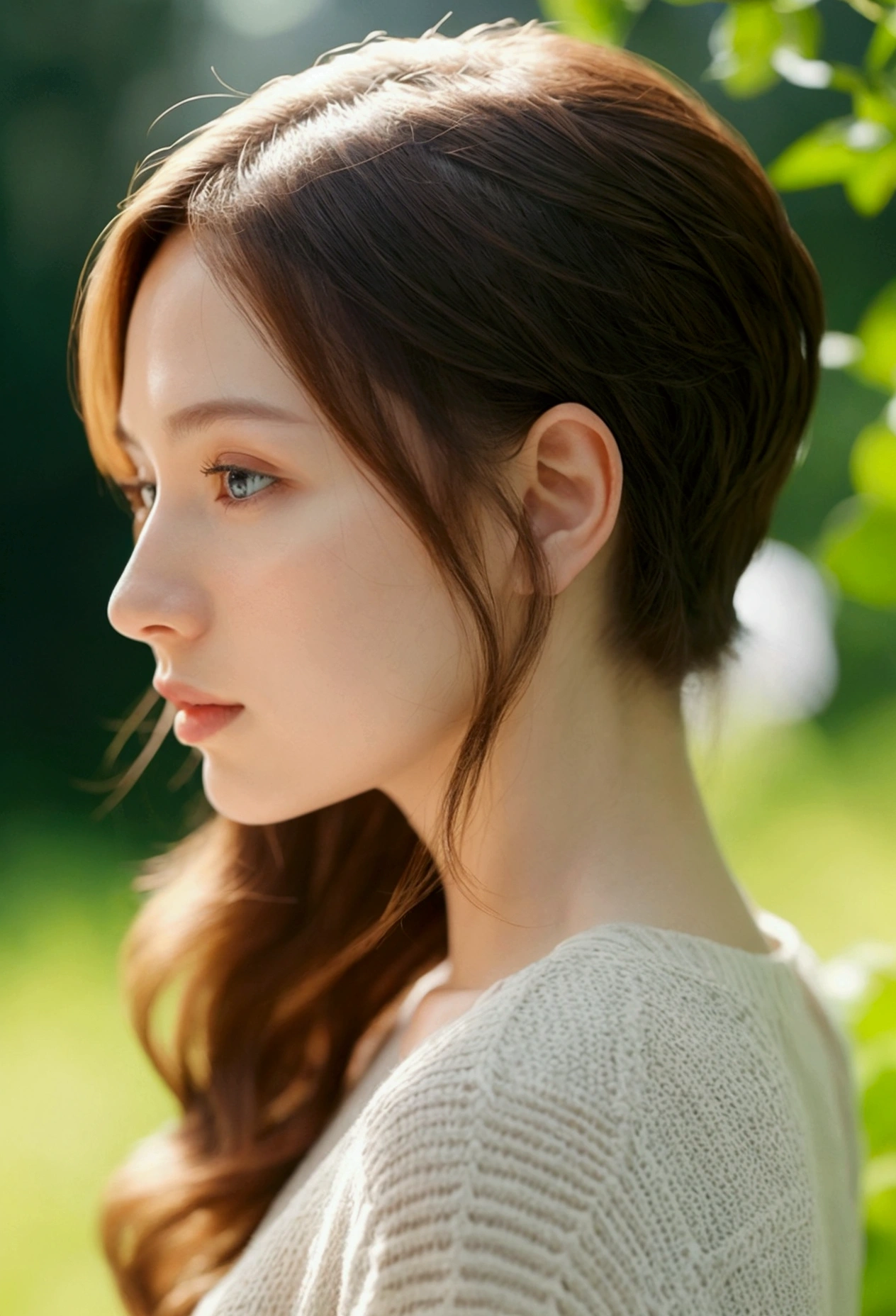 A European woman with alopecia,Profile,Refined,sunlight