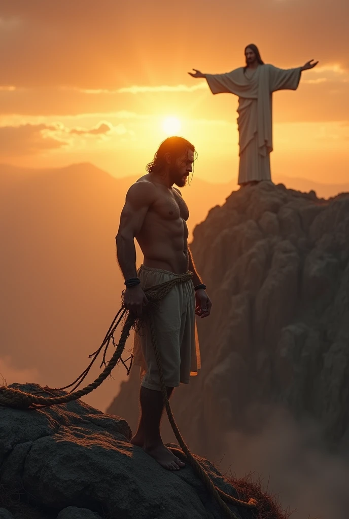 An image showing a person standing on a mountain, with the sun setting in the background. The person is looking up with an expression of despair and confusion, with hands gripping a rope that is coming undone. In the background of the image, there is a figure of Christ with outstretched hands, representing God&#39;s offer to free us from the trap of lust