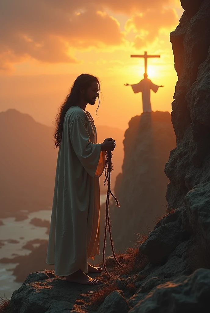 An image showing a person standing on a mountain, with the sun setting in the background. The person is looking up with an expression of despair and confusion, with hands gripping a rope that is coming undone. In the background of the image, there is a figure of Christ with outstretched hands, representing God&#39;s offer to free us from the trap of lust