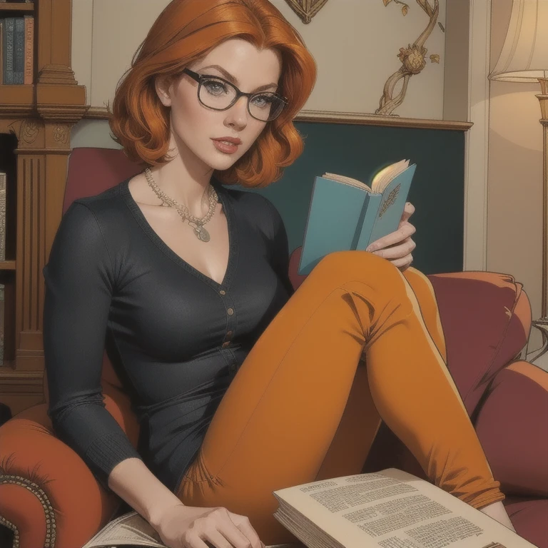 Masterpiece, best quality, 4k, Insanely Definition, uncensored, rating explicit, full body,                                                                                                                                                                          African woman, black woman, dark skin, dark toned skin, red lips, red hair, bob cut, glasses, freckles on face, Huge breast, muscular - fit, abs, naked, pubic hair, in library, on chair, spreading legs, jewelry, sweat