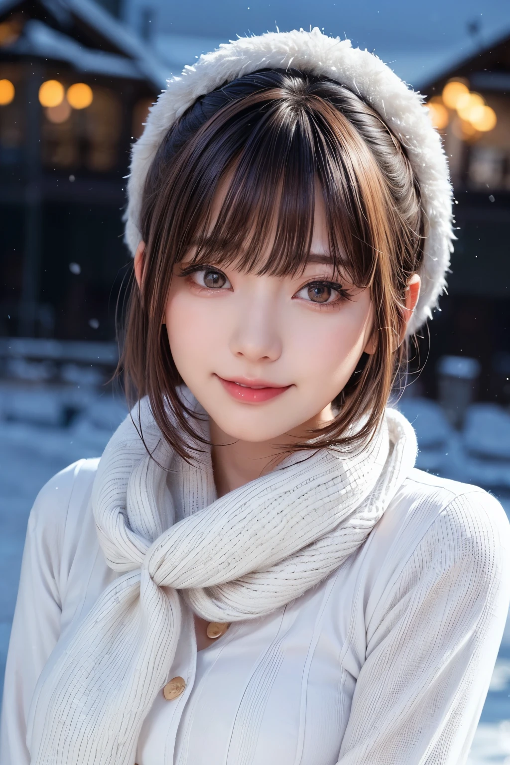(masterpiece, Highest quality),One Girl, alone, Black-haired, scarf, Have, Realistic, Realistic, Looking at the audience, Light-coloured black eyes, Short brunette bob, Brown coat, Winter clothes, White headscarf, lips, prohibit, Plein Air, Mouth closed, Upper Body、Big eyes、eyelash、((Beautiful night scenery with sparkling snow falling、Large snowflake motif、A beautiful, empty, snowy night scene、Snow Scene))、(((Short bob hair with bangs、Shiny Hair、Big eyes、large full chest、Highlights the eyes、Gazing at the audience、Beautiful beauty、Listen carefully、Long neck、Laugh a little、Please close your mouth and laugh、Ideal body type)))、{Huge|big|Hugeな|Mega} chest:2, chestの谷間:2、