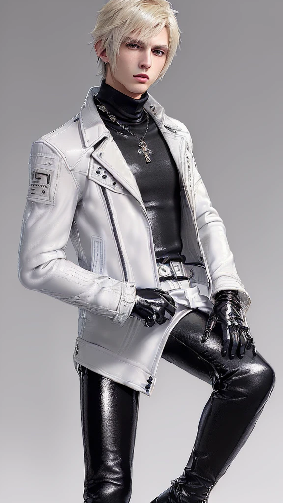 ((Final fantasy taste and reality graphics)), ((Japanese young cute and cool ikemen  boy)), his age is early 20s, thin eyebrows and beady eyes,  ((((he wearing white color leather very thick single-brest jacket)))),((((leather jacket is smooth luster and shiny)))), ((jacket with epaulet)), ((leather jacket close all zippers)),, ,(( jacket collar is very high length stand-up collar with belts)), , (((also wearing black color turtleneck polyester shirts))),  (((tight black and leather pants))), ((((black leather tight and thin glove)))), ((black color leather knee-high raceup boots)),((show the boy whole body)), boy looks like fashion model,Do not show skin from the neck down,(((all his clothes are smooth design and very shining))),(((Avoid adding unnecessary decorations to your clothes))),(((all clothes is simple design and appearance))),(((don't wear jewelry on all clothes)))