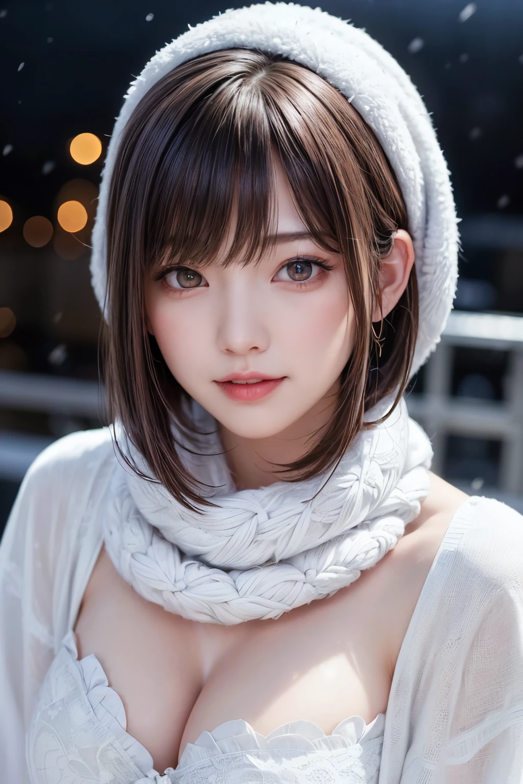 (masterpiece, Highest quality),One Girl, alone, Black-haired, scarf, Have, Realistic, Realistic, Looking at the audience, Light-coloured black eyes, Short brunette bob, Brown coat, Winter clothes, White headscarf, lips, prohibit, Plein Air, Mouth closed, Upper Body、Big eyes、eyelash、((Beautiful night scenery with sparkling snow falling、Large snowflake motif、A beautiful, empty, snowy night scene、Snow Scene))、(((Short bob hair with bangs、Shiny Hair、Big eyes、large full chest、Highlights the eyes、Gazing at the audience、Beautiful beauty、Listen carefully、Long neck、Laugh a little、Please close your mouth and laugh、Ideal body type)))、{Huge|big|Hugeな|Mega} chest:2, chestの谷間:2、