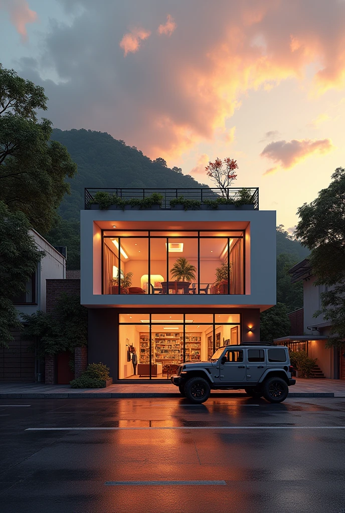 Graphic design studio in front, Beautiful Indian city
streetview,evening orange sky,greenish hill background,Jeep parking outside,wetroad