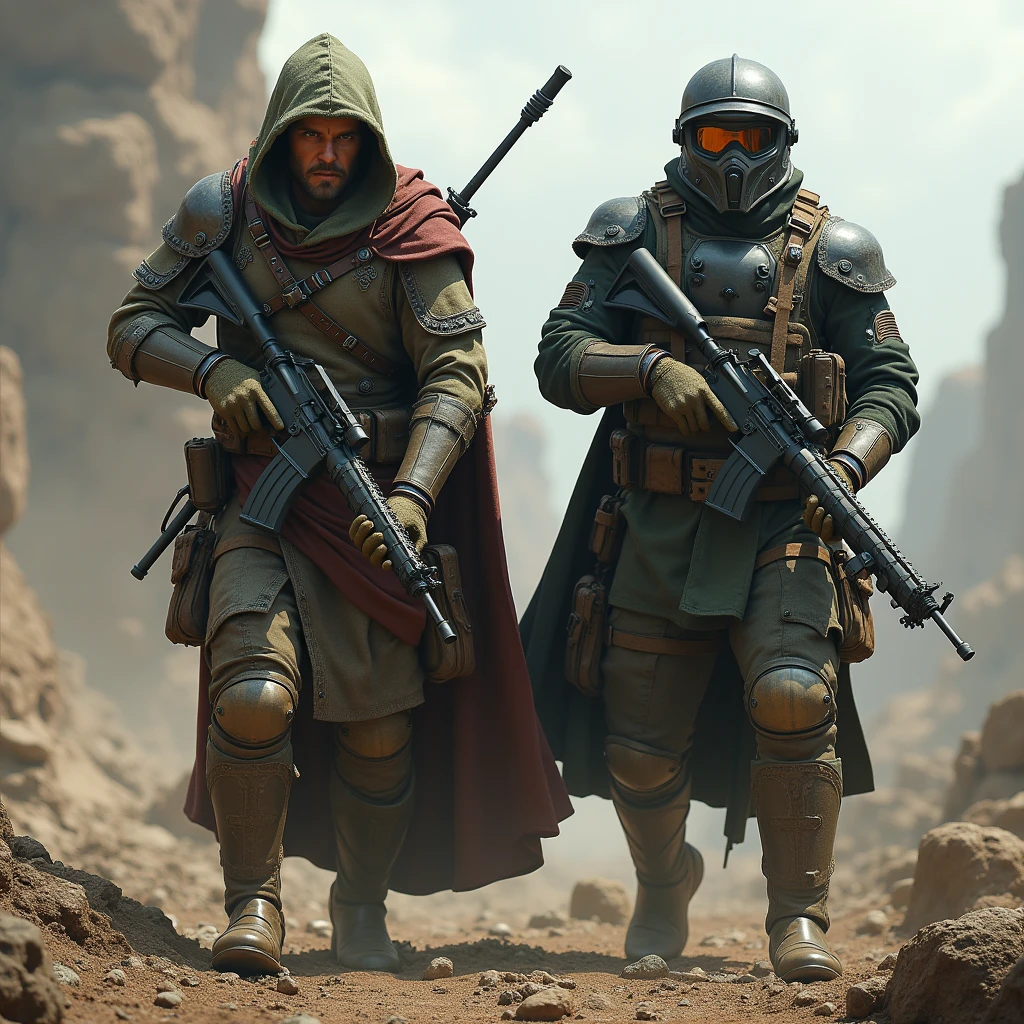 Imagine a crossover of a popular medieval fantasy role-playing video game and a famous tactical first-person shooter game. Characters from the former, usually found in a fantasy realm filled with monsters and magic, are now found in the rugged, war-torn landscapes of the latter. They are carrying contemporary equipment - guns, explosives, and other tactical gear, rather than their usual swords and spells. The distinct medieval style outfits are mingled with modern tactical suits, creating a surreal juxtaposition. Can you see the fantasy characters now taking cover, aiming down iron sights, and coordinating strategies just like the characters in the modern warfare game?