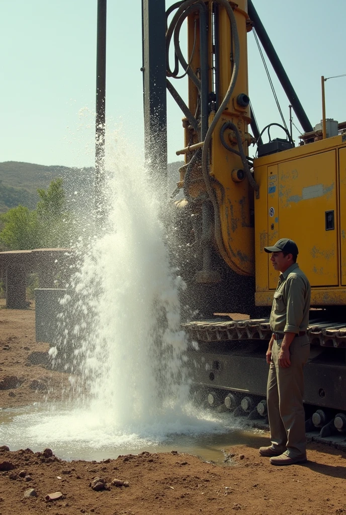 Photograph of a person next to a yellow water well drilling machine just as the water comes out
