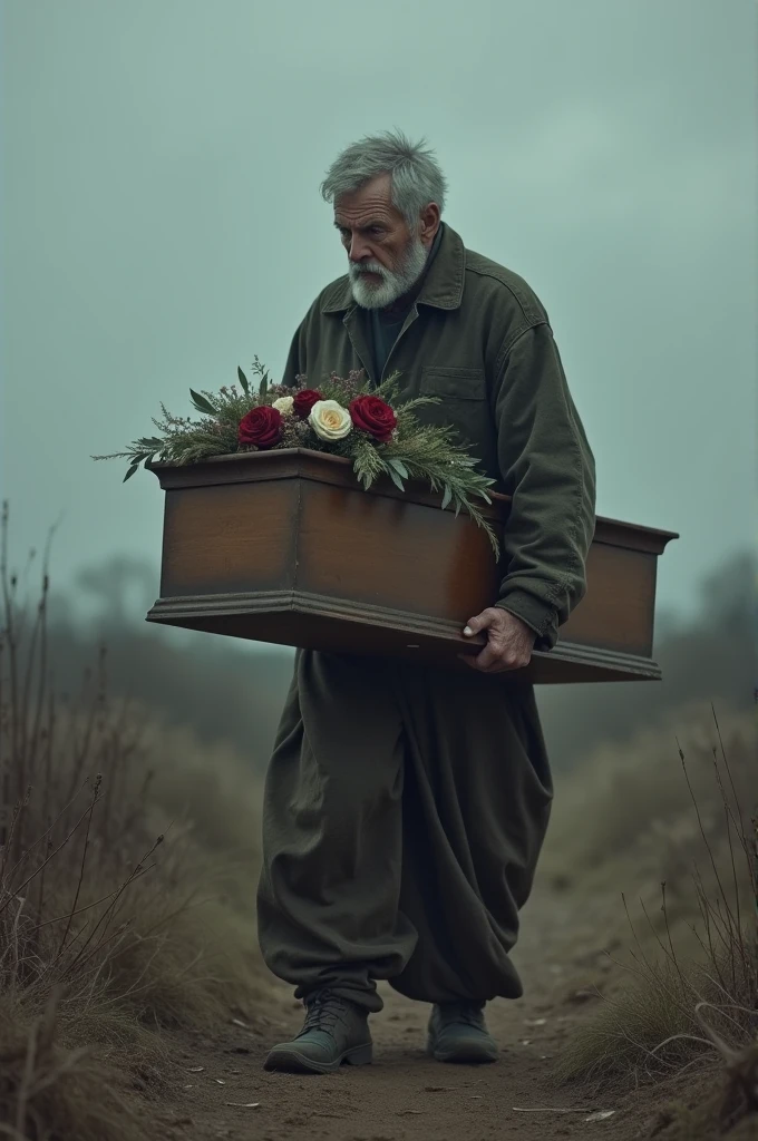 Lonely father carrying his daughter's coffin