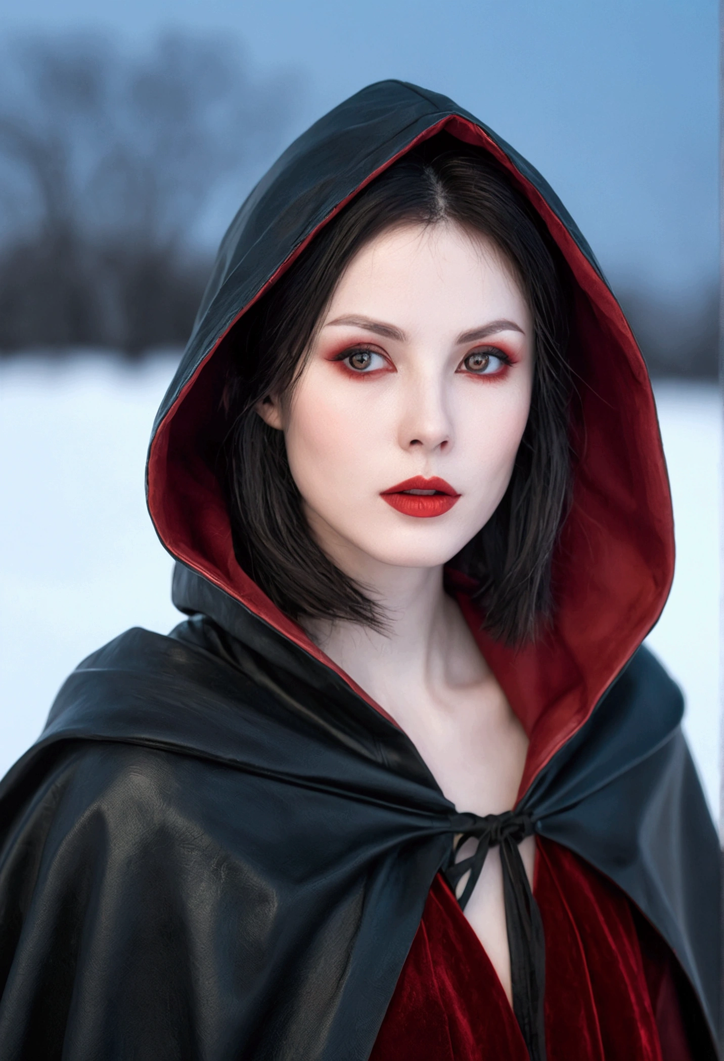 portrait of a woman, kitsune, illustration, nsfw, fantasy, (masterpiece, best quality:1.3), (highly detailed:1.5), UHD, 8K, beautiful, pale skin, white skin, jawline, cheekbones, (red lips, red eyes), black hair, short hair, collarbone, medium breasts, leather cloak, black cloak, hooded, looking at viewer, snowy fields, moon, (amazing background), moonlight, backlighting, diffused light, soft focus, (depth of field)