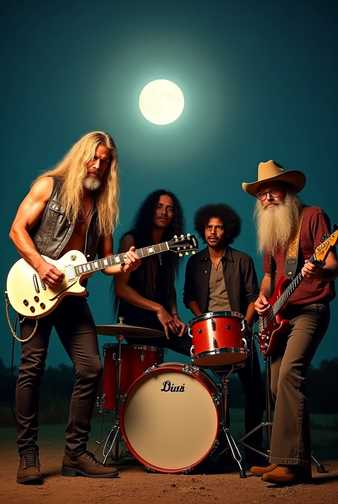 Image of 4 members of a southern rock band.
1 member has very long, blonde hair, does not wear a hat, use beard loira, has a strong physical build, wears a leather vest and tight leather pants, holding a white Les Paul guitar. 1 member has long black curly hair, use beard, wears All Star and holds a drumstick. 1 member has long black hair, use beard bem comprida, doesn&#39;t wear glasses, wears a cowboy hat and holds a brown bass guitar. 1 member wears long blonde hair, does not wear a hat usa cavanhaque comprido, wears square style glasses, wears bell-bottom pants and holds an old microphone.
Everyone is under the moonlight in Texas.
