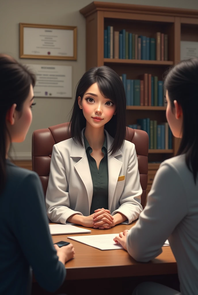 A white woman, medium straight black hair with lab coat (She is a psychologist) in an office seeing patients