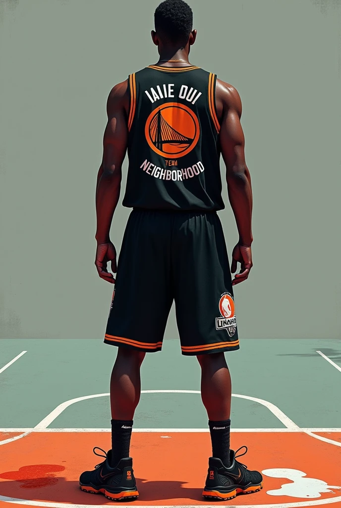 Make a black basketball uniform, with a logo referring to the team name, the name is painted neighborhood, add 2 puddles of paint
