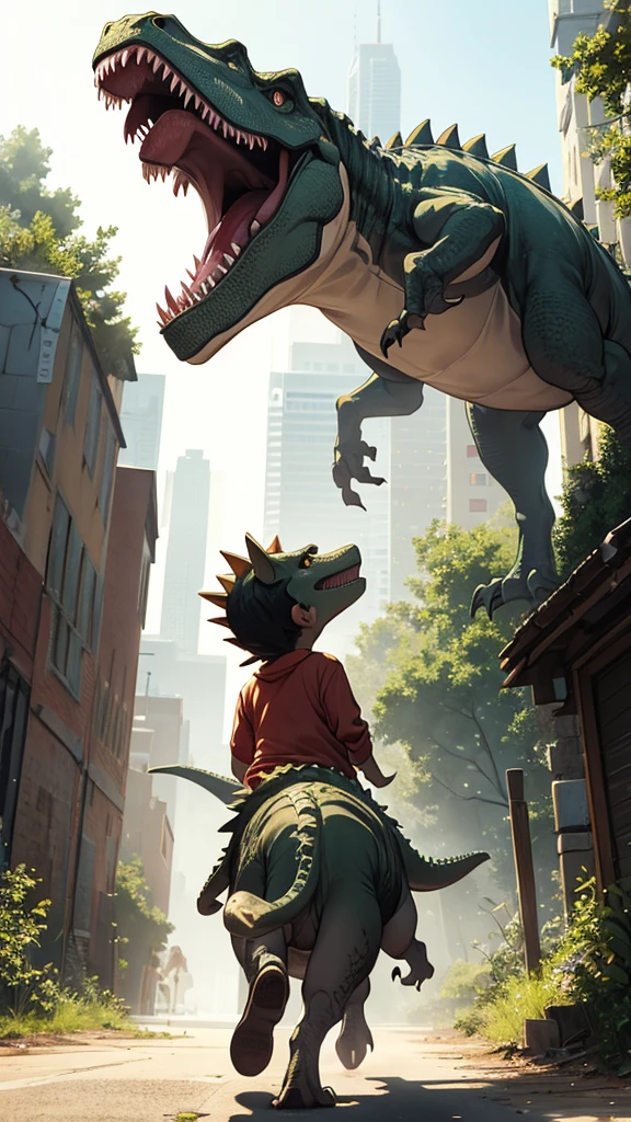 A dinosaur chasing a boy