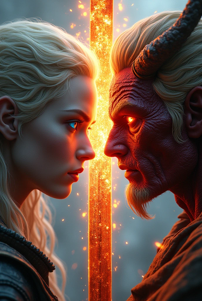 A blonde warrior with blue eyes and a red eyed demon king share the same face, with a beautifully patterned sword erected in the center. In an epic 3A game style, the faces on both sides are the same size, with rich details and epic light and shadow, with dazzling lights descending from above