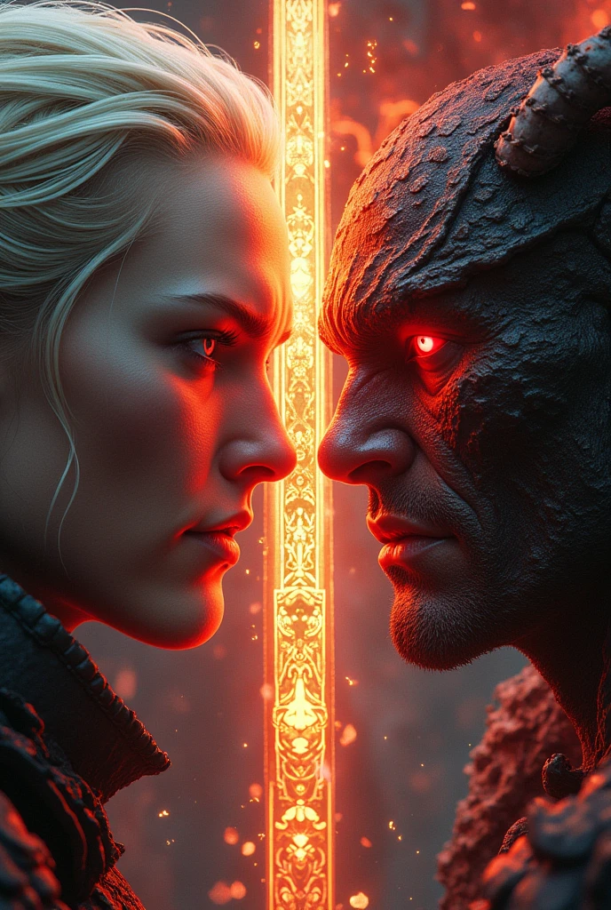 A blonde warrior with blue eyes and a red eyed demon king share the same face, with a beautifully patterned sword erected in the center. In an epic 3A game style, the faces on both sides are the same size, with rich details and epic light and shadow, with dazzling lights descending from above