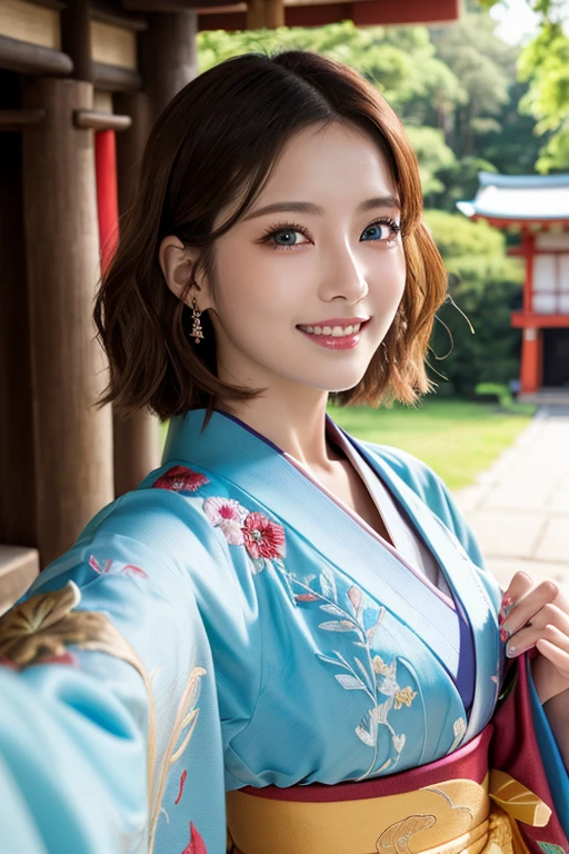 (Raw Shooting), (Photo Realistic), ((Masterpiece)), ((Best Quality)), (Ultra-Detailed), ((Kawaii)), Cute, ((Extremely Detailed)), (Detailed Eyes), (Detailed Facial Features), (Detailed Fingers), (Detailed Clothes Features), 4K, (8K), Best Quality, (Beautiful), (Upper Body:1.3), (Selfie:1.3), (A Lively Japanese Shrine:1.4), ((Walking)), Sunrise, A Pretty Woman, Solo, (Brightly Colored Luxurious Kimono:1.3), (Luxurious Embroidered Kimono:1.3), Beautiful Light Brown hair, Beautiful Blue Eyes, ((beautiful eyes)), Short Hair, White Teeth, (Great Joy:1.3), Lens Flare, Shine with Colored Light, Shiny