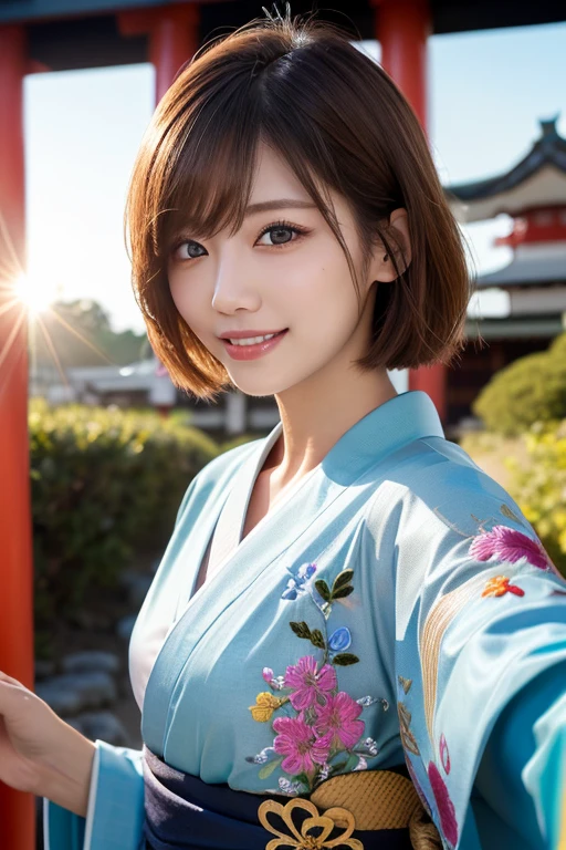 (Raw Shooting), (Photo Realistic), ((Masterpiece)), ((Best Quality)), (Ultra-Detailed), ((Kawaii)), Cute, ((Extremely Detailed)), (Detailed Eyes), (Detailed Facial Features), (Detailed Fingers), (Detailed Clothes Features), 4K, (8K), Best Quality, (Beautiful), (Upper Body:1.3), (Selfie:1.3), (A Lively Japanese Shrine:1.4), ((Walking)), Sunrise, A Pretty Woman, Solo, (Brightly Colored Luxurious Kimono:1.3), (Luxurious Embroidered Kimono:1.3), Beautiful Light Brown hair, Beautiful Blue Eyes, ((beautiful eyes)), Short Hair, White Teeth, (Great Joy:1.3), Lens Flare, Shine with Colored Light, Shiny