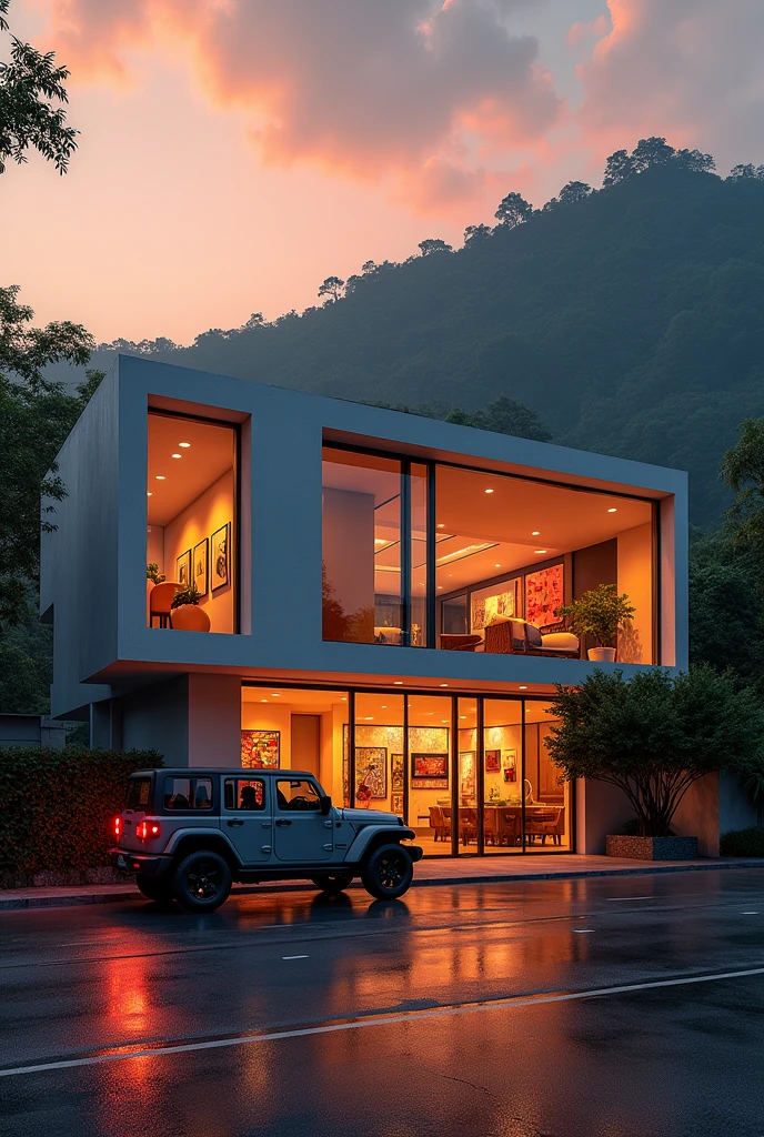 Graphic design studio in front, Beautiful Indian city
streetview,evening orange sky,greenish hill background,Jeep parking outside,wetroad
