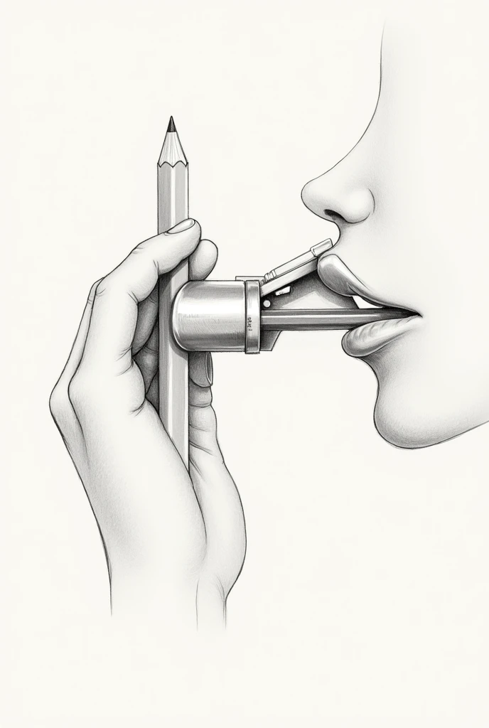 Generate a drawing of a pencil sharpener being held by the chin and neck, only one hand is sharpening a pencil with that sharpener that is between his chin and neck. Let the pencil sharpener be a simple one, silver manual.. Let it be drawing style. That the pencil is inside the sharpener, The sharpener is small and does not have any compartment for pencil waste...