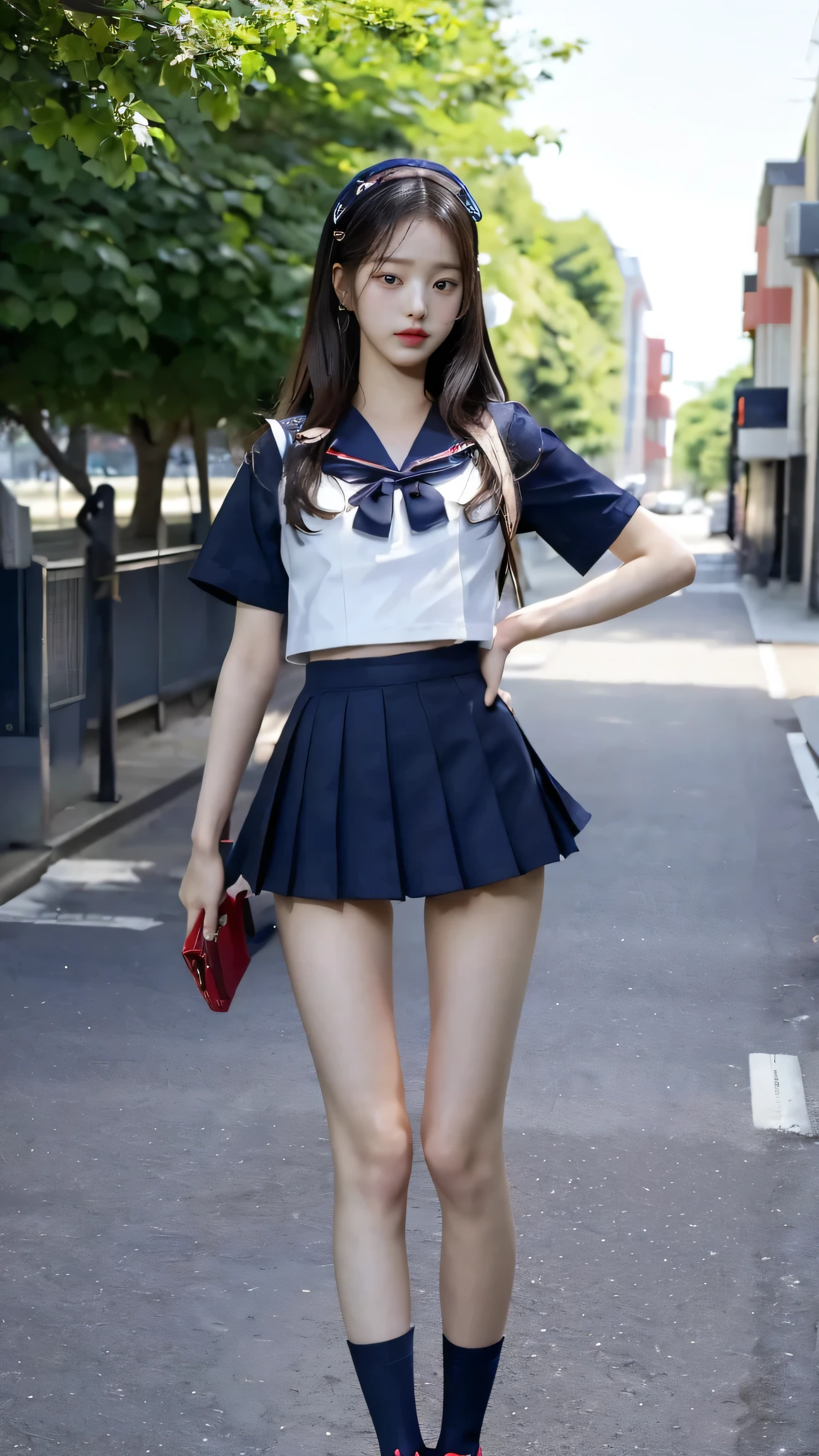 absurdes, RAW Photos, Very delicate and beautiful, masterpiece, Highest quality, Ultra-high resolution, 16K, hyperRealistic, Realistic, (((whole bodyショット:1.8))),((Japanese high school girls in school uniforms:1.6)),((The background is a very stylish modern city)), ((It is a beautiful sidewalk that is ultra-modern and clean.)),((Checkered high school uniform and mini skirt:1.4)),((High school uniform summer short-sleeved white shirt:1.4)), ((Wear a red bow tie:1.5)),(((((Wear navy blue, very short ankle socks:1.8))))),((Wear black loafers:1.6)),(((Clothing that exposes a lot of bare skin:1.6))),((Bare skin on feet:1.8)), ((Stand Upright:1.3)),((((Stand with your feet together:1.5)))),(Stand up straight:1.3),(Turn the whole body towards me),((((She looks just like Wonyoung from the Korean idol group IVE..:1.9)))),((Bare skin on thighs:1.8)),((Bare skin on lower legs:1.8)),(((whole bodyショット:1.8))),(whole body :1.8),photoRealistic, photo-Realistic, Very detailed, Perfect Anatomy, Very detailed肌, Perfect figure, Very detailed CG 8k wallpaper, Erect nipples, perfect nipples, Perfect breasts, Perfect hands, Perfect Fingers, Fair skin, Medium chest, blush, the wind is strong,Long legs,Thin legs, sexy legs,Sunny daytime,9 heads and body beauty, Fluffy hair, bangs,Green roadside trees can be seen in the background., (2 people :1.5), Small Ass,long and thin arms,Long legs, Mid-chest, Beautiful Hair,Hands down,Tight waist, friend, smile, Happy,Medium chest, Laughter,Black Hair, Tight waist,((Height 173cm:1.3)),Slim model body shape,(slim and muscular athletic build:1.3),(slim but muscular legs),(Thin thighs),(Long thighs),1 person,Long legs,((((Anatomically correct:1.4))))
