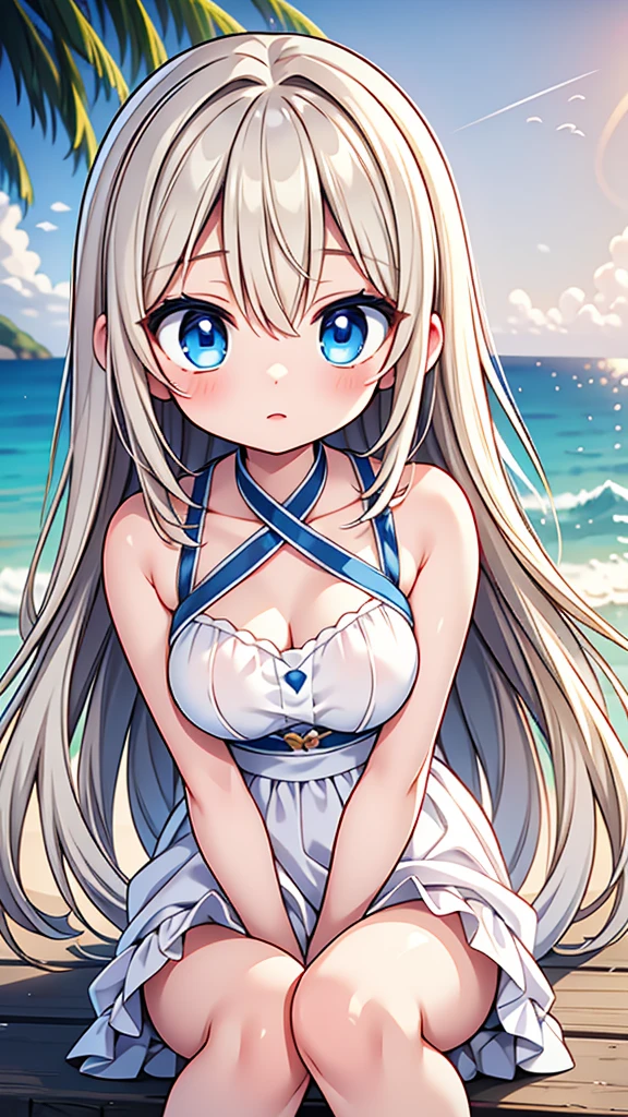 Late 20s European woman、Anime-style illustrations。Short stature with a youthful appearance、Fair skin。Short stature with a youthful appearance、Long, bright golden-white hair、Big Blue Eyes。Delicate and slender figure。Wearing a fairy-like elegant dress。Cute expressions and gestures。The background is a sunny beach。Enjoying the sea up to his knees。Overall delicate and dreamy atmosphere。High-quality digital art。