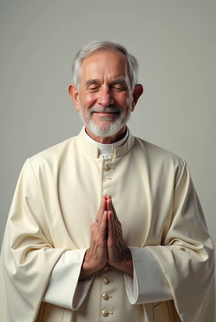 Create a realistic and detailed image of a bishop from the bust up. The bishop must be a white man, with angelic features and an elegant, well-dressed appearance. The focus should be on a calm expression and sophisticated attire.. The bishop should be dressed in a formal tunic or jacket., that conveys a sense of dignity and respect, but that is not explicitly associated with a specific religion. The color of the suit can be a neutral and elegant tone., like white, cream or light gray.
must be around 40 years old, muka: The expression should be calm and inspiring., with a gentle smile and eyes that convey wisdom and compassion.
hair and beard: Hair must be well groomed, preferably in a classic and understated style. If you choose a beard, it must be well trimmed.
Lighting: Use soft, diffuse lighting to highlight facial features and the shine of the outfit., creating an angelic effect.
fund: The background should be neutral and subtle., to keep the focus on the bishop. It can be a solid color or a lightly textured background that doesn't distract attention..
Additional Detail:
position of the hands: Hands should be together in front of the chest, in a classic prayer position.
eyeballs: They must be closed, showing a state of concentration and devotion.
head: The head should be tilted slightly downwards, in a position of humility and reflection.
serious and serene expression