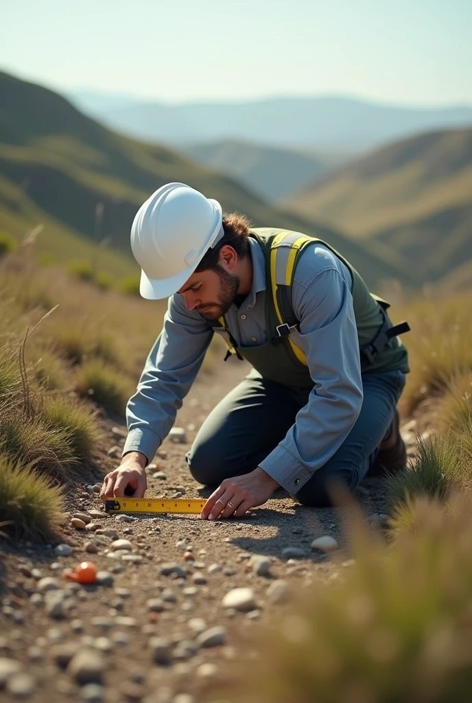 topography alignment, where you can see a civil engineer in the field with a measuring tape in his hand and a white helmet measuring the ground while kneeling