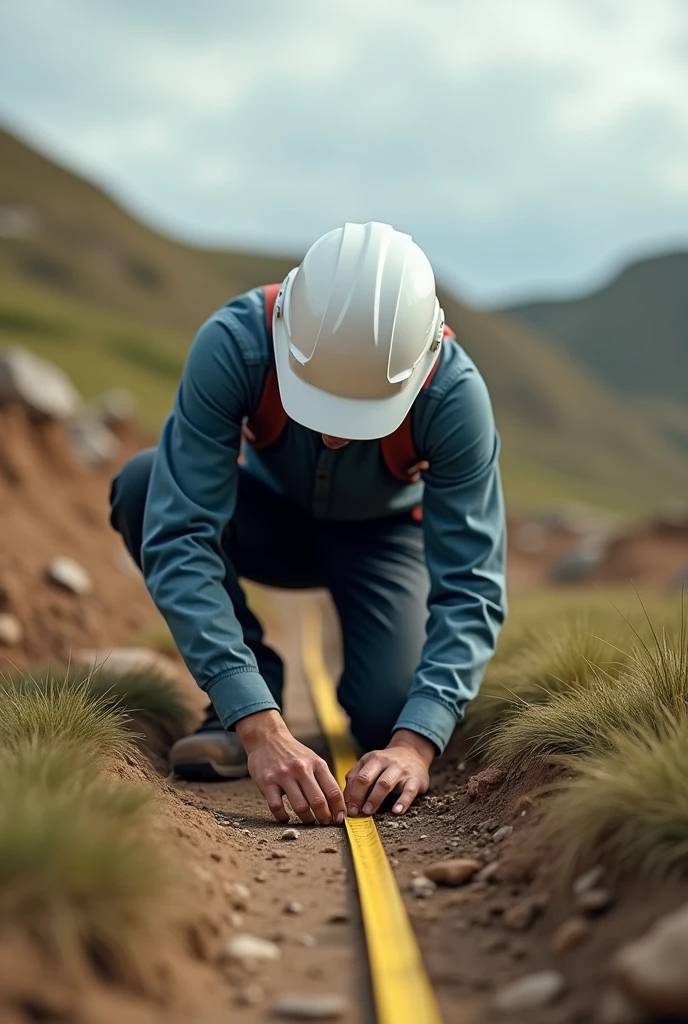 topography alignment, where you can see a civil engineer in the field with a measuring tape in his hand and a white helmet measuring the ground while kneeling