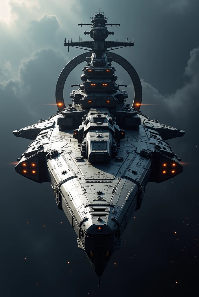 Spaceship.The ship resembles a destroyer..There is a control tower for controlling the ship..There are two cannon turrets at the front of the ship that are energy guns..There is one jet engine behind the ship..There is an iron ring behind the ship.