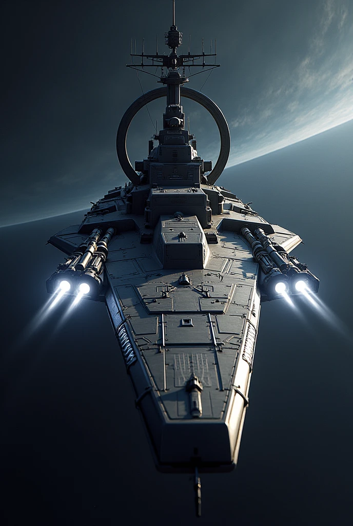 Spaceship.The ship resembles a destroyer..There is a control tower for controlling the ship..There are two cannon turrets at the front of the ship that are energy guns..There is one jet engine behind the ship..There is an iron ring behind the ship.
