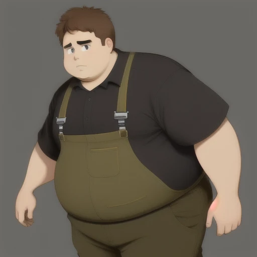 A very short and fat male with a rotund physique. He has thin brown hair and wears a mechanic outfit