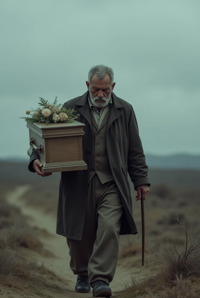 Lonely father carrying his daughter's coffin
