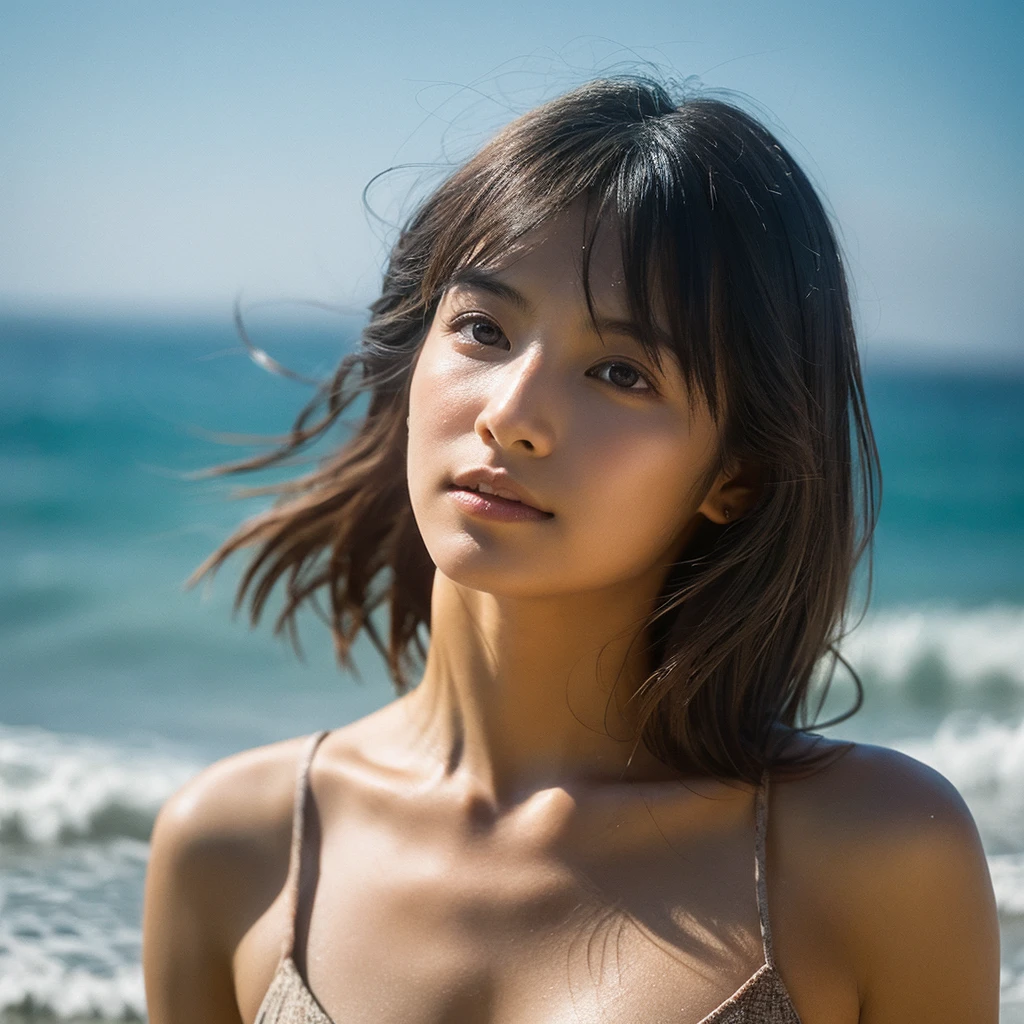 A hyper-realistic image of a single Japanese woman in her early 20s, captured with the nostalgic warmth and pronounced graininess of a film camera, showing her from the shoulders up as she stands on a sunlit beach. Her skin has a warm beige tone with a natural, visibly rough texture that includes pronounced pores, fine lines, and subtle imperfections such as small blemishes, slight unevenness, and a hint of sun exposure, contributing to the authenticity of her appearance. The texture of her skin is intentionally less smooth, with a tangible roughness that enhances the realism, making the surface appear slightly weathered by the elements. The soft, diffused natural light illuminates her face and shoulders with a gentle touch, casting shadows that subtly reveal the unevenness of her skin. Her straight, glossy black hair flows naturally in the ocean breeze, framing her face, and her deep brown eyes reflect the soft sunlight and the shimmering sea. The film camera effect amplifies the grain and texture, creating a warm, nostalgic atmosphere while maintaining the deliberately rougher, less polished texture of her skin. The composition, focused on her upper body, captures the serene elegance of the beach setting, highlighting the natural interaction of light and shadow on her skin. This combination of a rough, realistic skin texture, soft natural light, and the grainy film-like qualities ensures that the image presents an authentic, lifelike portrayal of the woman, centered on her face and shoulders.