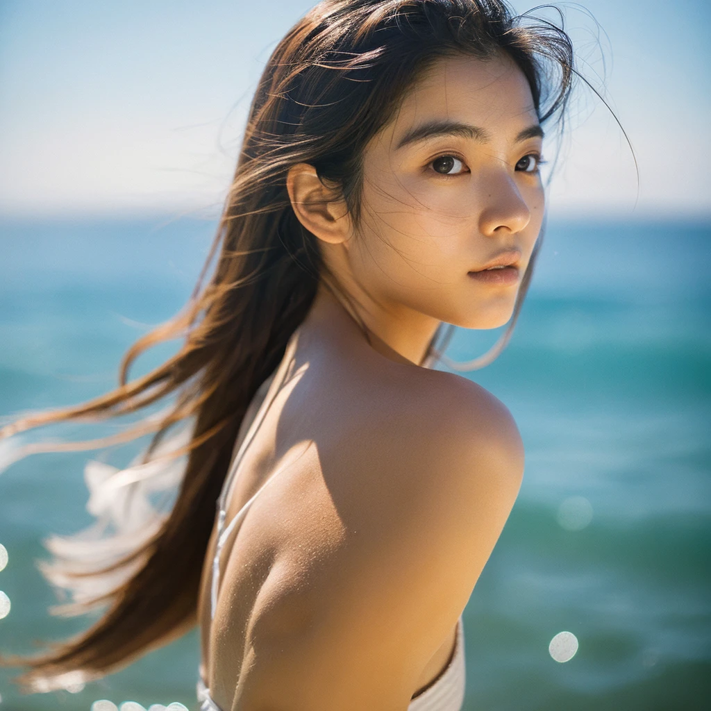 A hyper-realistic image of a single Japanese woman in her early 20s, captured with the nostalgic warmth and pronounced graininess of a film camera, showing her from the shoulders up as she stands on a sunlit beach. Her skin has a warm beige tone with a natural, visibly rough texture that includes pronounced pores, fine lines, and subtle imperfections such as small blemishes, slight unevenness, and a hint of sun exposure, contributing to the authenticity of her appearance. The texture of her skin is intentionally less smooth, with a tangible roughness that enhances the realism, making the surface appear slightly weathered by the elements. The soft, diffused natural light illuminates her face and shoulders with a gentle touch, casting shadows that subtly reveal the unevenness of her skin. Her straight, glossy black hair flows naturally in the ocean breeze, framing her face, and her deep brown eyes reflect the soft sunlight and the shimmering sea. The film camera effect amplifies the grain and texture, creating a warm, nostalgic atmosphere while maintaining the deliberately rougher, less polished texture of her skin. The composition, focused on her upper body, captures the serene elegance of the beach setting, highlighting the natural interaction of light and shadow on her skin. This combination of a rough, realistic skin texture, soft natural light, and the grainy film-like qualities ensures that the image presents an authentic, lifelike portrayal of the woman, centered on her face and shoulders.