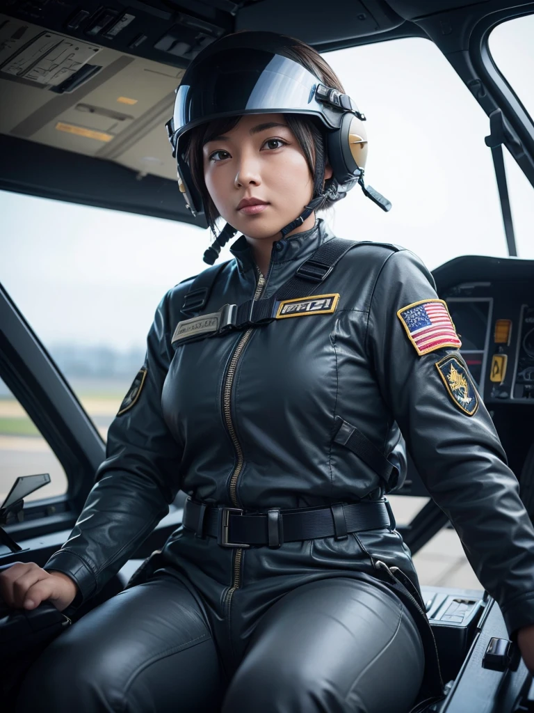 A female soldier wearing a helmet and pilot suit to fly a fighter jet,Plump,Slightly thicker,Sitting in the cockpit,Thick harness belt,