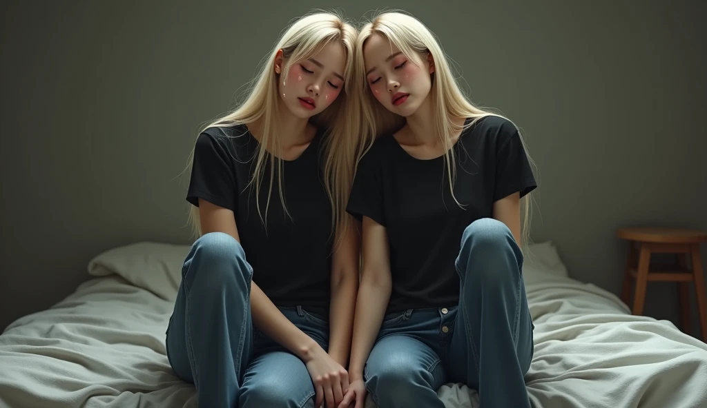 a 2 asian woman with long blonde hair in jeans and black t-shirt crying with closed eyes on a bed