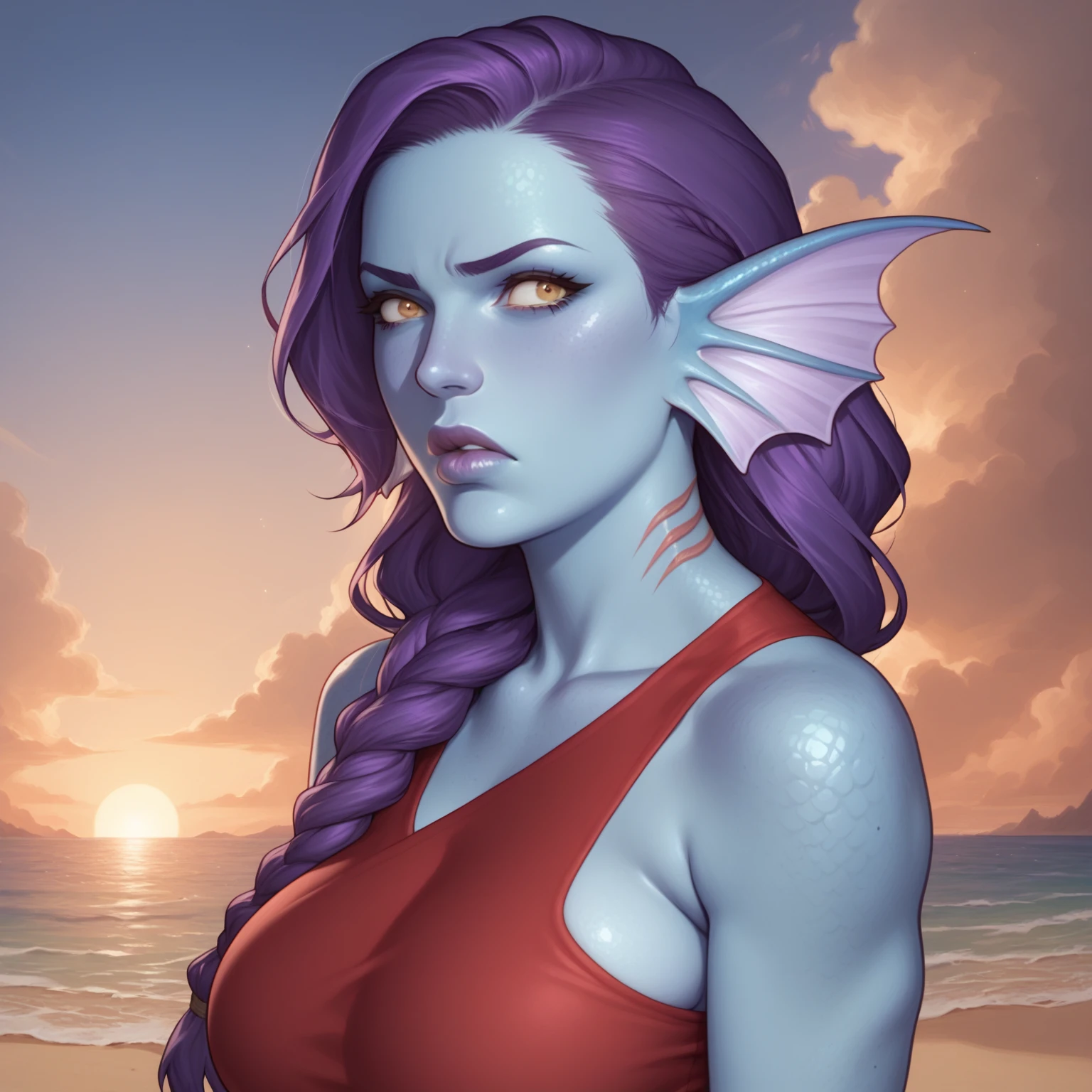 (((beautiful, high quality, perfect eyes, comics style, semi-realistic, detailed face))), score_9, score_8_up, score_7_up, BREAK 1girl, (cowboy shot view, boob focus:0.7), (chubby:0.5) milf, (colored skin, blue skin, gills, head fins, hands with scales, elbow fins), red swimsuit, braided hair, purple hair, ((disgusted:1.2)), plump lips, (tan eyes, big detailed eyes:0.7), sunset beach scenery