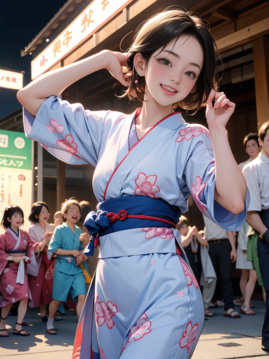 Photorealistic, Ultra-detailed, (Best Quality, 8K, 32K, masterpiece, UHD:1.2), Photo of 22yo pretty Japanese woman, magic wand, solo, bare shoulder, small breasts, Japanese clothes, yukata, brown hair, real life insert, smile, hair ornament, voice actor, grin, floral pattern yukata, night festival, (face focus:1.2),