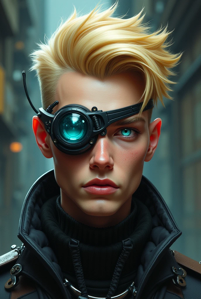 a blond cyberpunk man wearing single-lens monocles. realistic 2d style