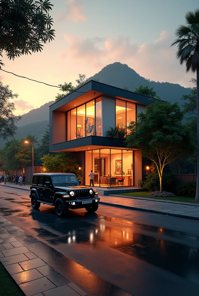 Graphic design studio in front, Beautiful Indian  city 
streetview,evening orange sky,greenish hill background,Jeep parking outside,wetroad