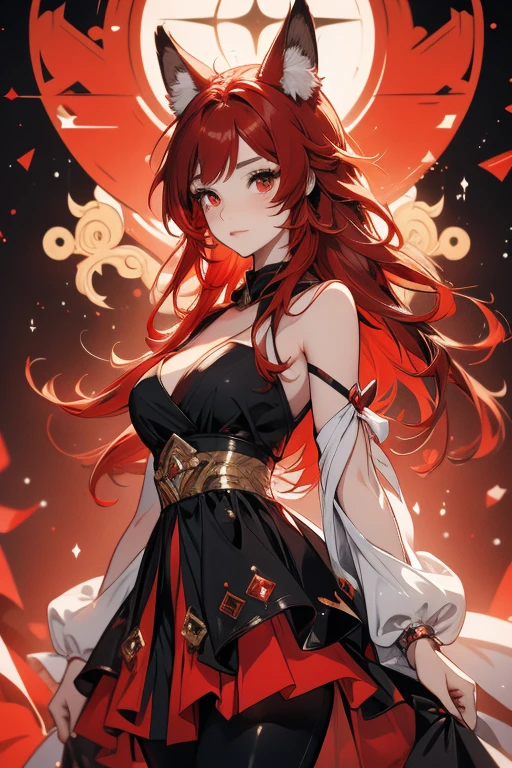 An adult woman with red eyes, long bright red hair with fox ears. Wears an elegant dress. She must be wearing a black leggings. she comes from wonderland